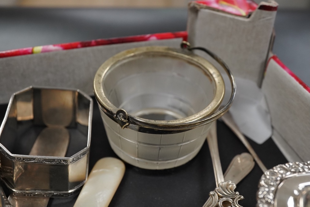A collection of mixed silver to include a mustard pot, pierced dish etc.